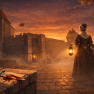 Femme en robe XVIIè siècle devant le château de Blandy à la tombée du jour.