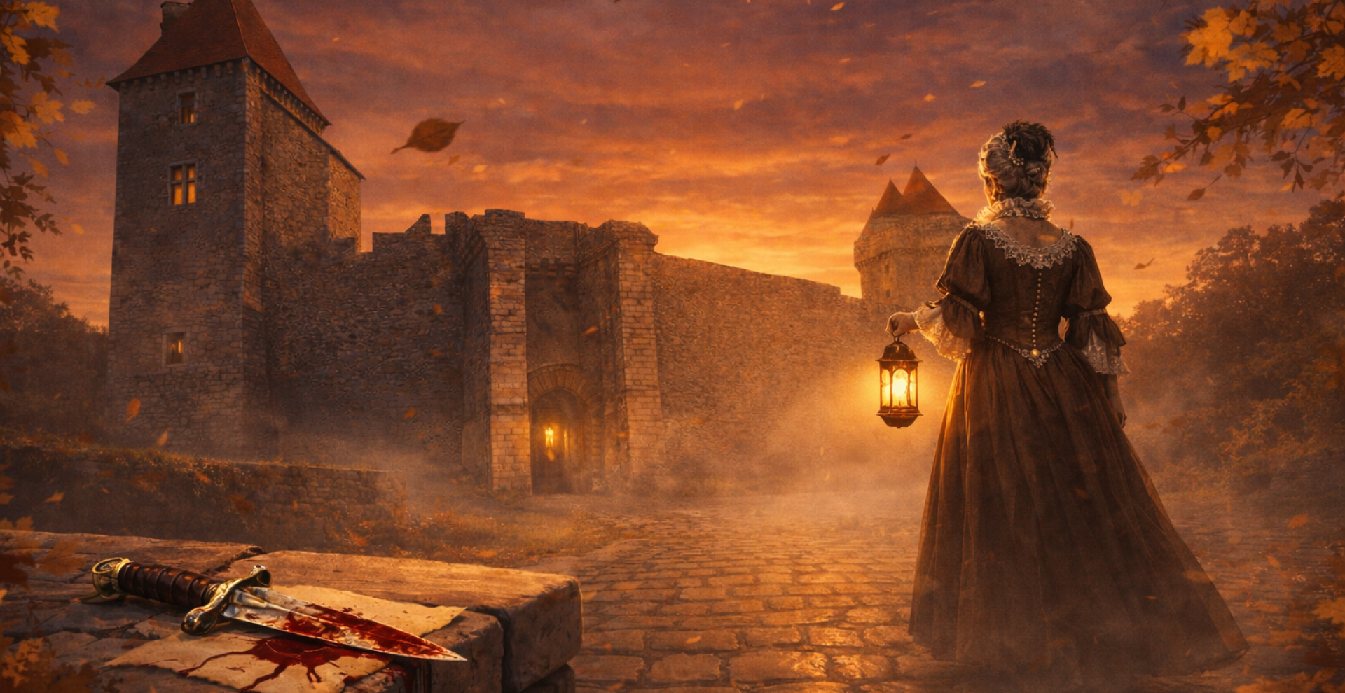 Femme en robe XVIIè siècle devant le château de Blandy à la tombée du jour.