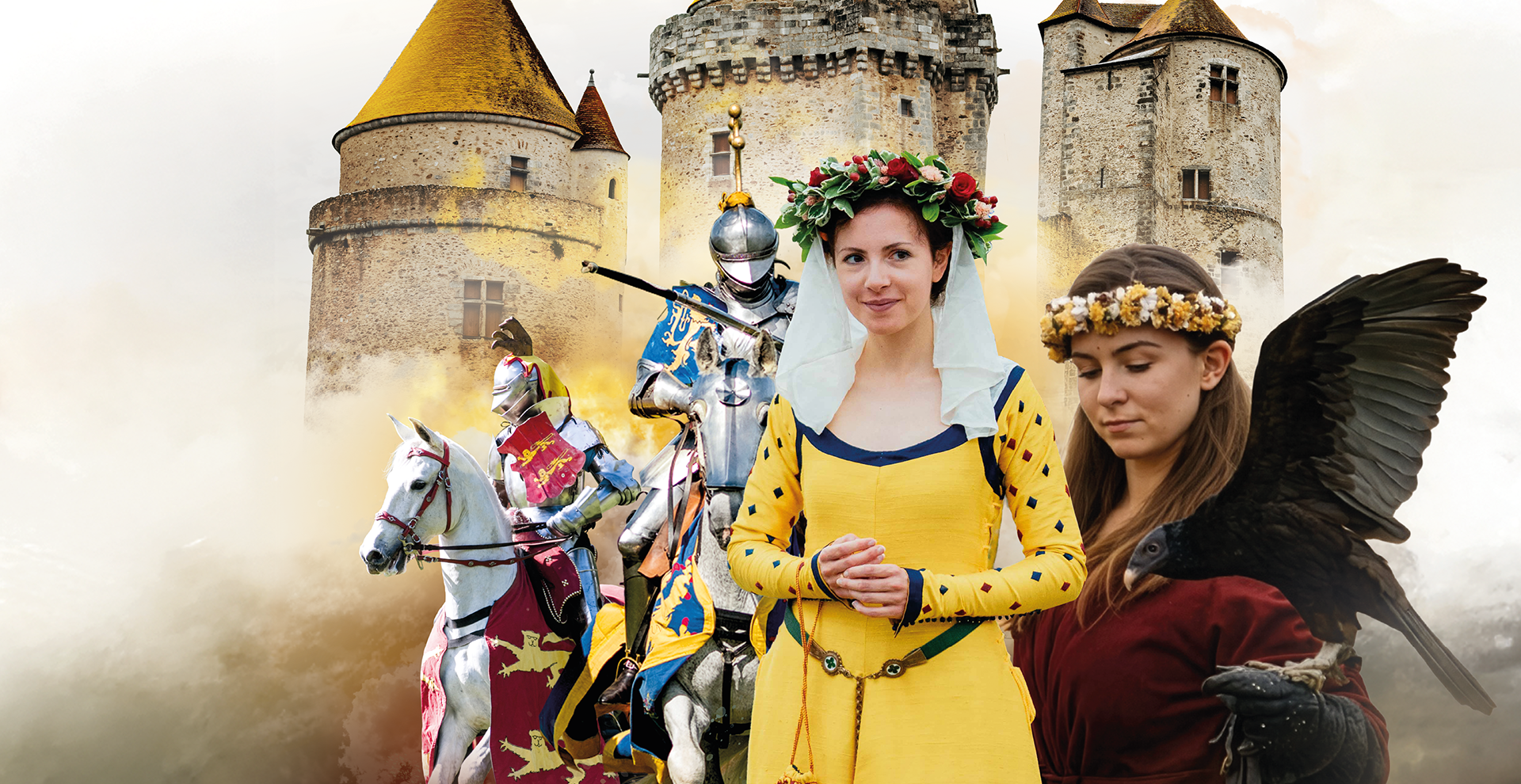 Deux chevaliers, une noble dame vêtue de jaune et une fauconnière se trouvent devant le château de Blandy