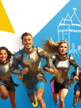 Deux hommes et deux femmes courent avec le haut d'une armure et un short de sport. Le château de Blandy et la Tour César sont représentées au fond à droite.