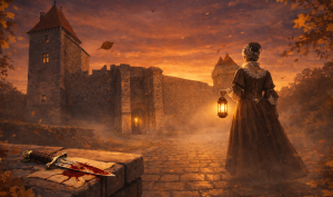 Femme en robe XVIIè siècle devant le château de Blandy à la tombée du jour.