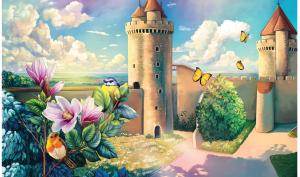 Dessin du donjon de Blandy avec des fleurs et un oiseau