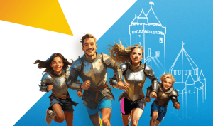 Deux hommes et deux femmes courent avec le haut d'une armure et un short de sport. Le château de Blandy et la Tour César sont représentées au fond à droite.