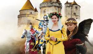 Deux chevaliers, une noble dame vêtue de jaune et une fauconnière se trouvent devant le château de Blandy