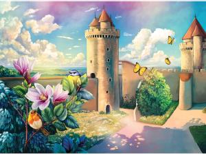 Dessin du donjon de Blandy avec des fleurs et un oiseau