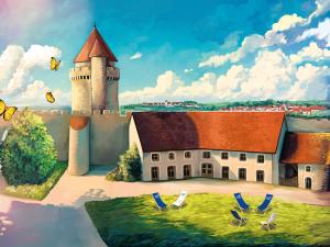 Dessin de la tour des gardes et de l'accueil du château sous le soleil