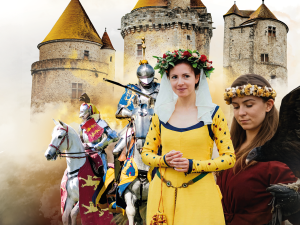 Deux chevaliers, une noble dame vêtue de jaune et une fauconnière se trouvent devant le château de Blandy