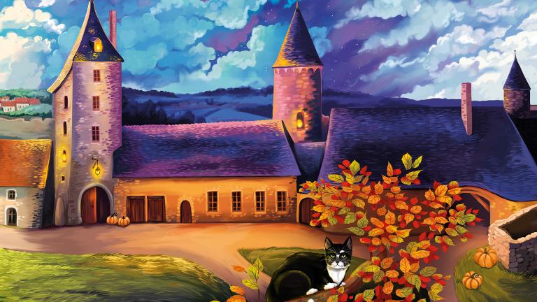 Dessin de la tour carrée, de l'auditoire et de la tour nord à la nuit tombée. Au premier plan, un chat sur une branche aux feuilles oranges