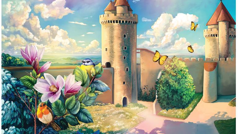 Dessin du donjon de Blandy avec des fleurs et un oiseau