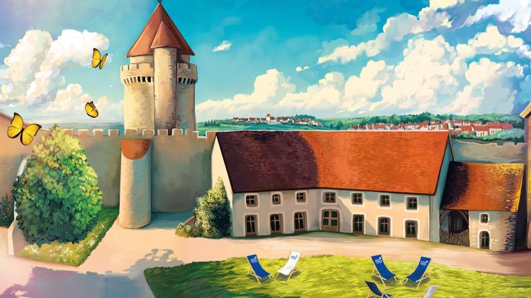 Dessin de la tour des gardes et de l'accueil du château sous le soleil