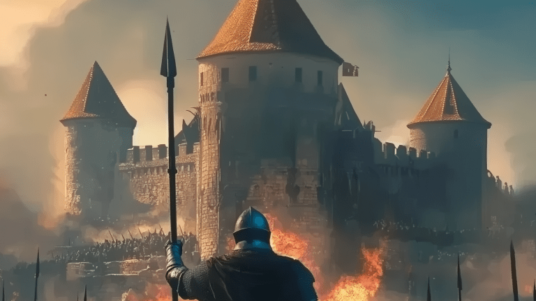 Château-fort assiégé avec un soldat, une lance à la main, au premier plan.