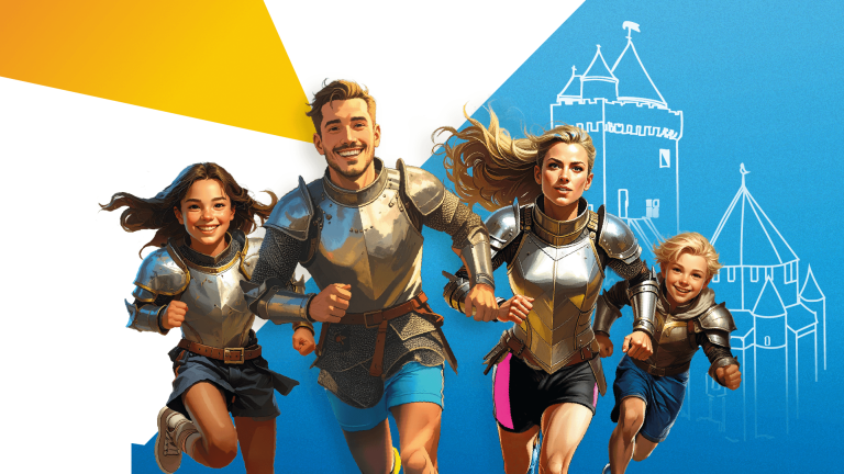 Deux hommes et deux femmes courent avec le haut d'une armure et un short de sport. Le château de Blandy et la Tour César sont représentées au fond à droite.