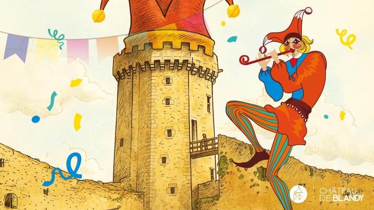 Donjon du château de Blandy avec un fou devant